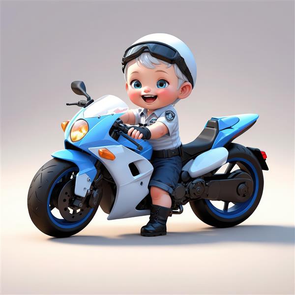 عروسک پسر با موی سفید و لباس پلیس در حال راندن موتور اسپرت در استودیو روشن