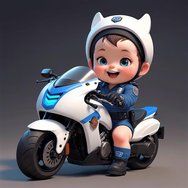 عکس استوک عروسک پسر پلیس با کلاه کاسکت گربه‌ای و موتور اسپرت آبی و سفید