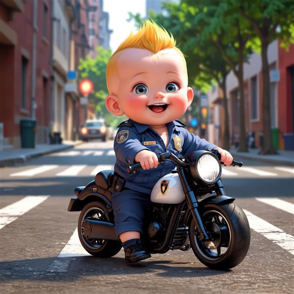 تصویر اورجینال عروسک پسر با موهای زرد و لباس پلیس سوار بر موتور در خیابان شهر