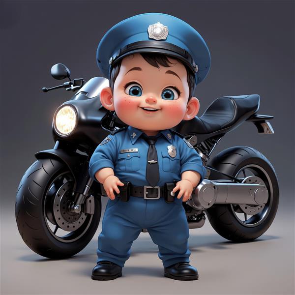 عروسک پسر خندان با یونیفرم پلیس و موتور سیکلت مشکی در پس‌زمینه استودیویی تیره