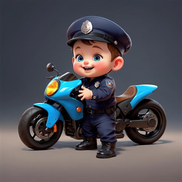 تصویر کارتونی عروسک پسر پلیس سوار بر موتورسیکلت آبی اسپرت در محیط استودیویی