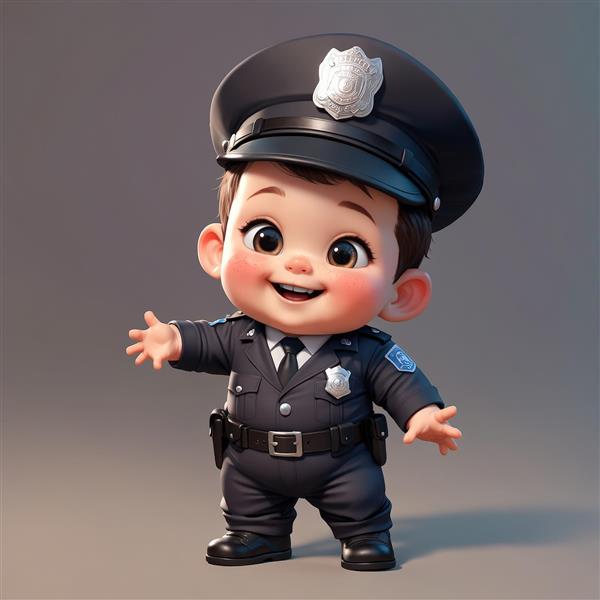 عکس اورجینال عروسک پسر با لباس پلیس و کمربند اسلحه در حالت خوشحال و آماده