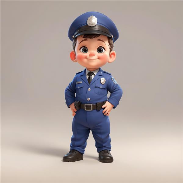 تصویر کارتونی پسر بامزه با یونیفرم رسمی پلیس در حالت ایستاده و قاطع