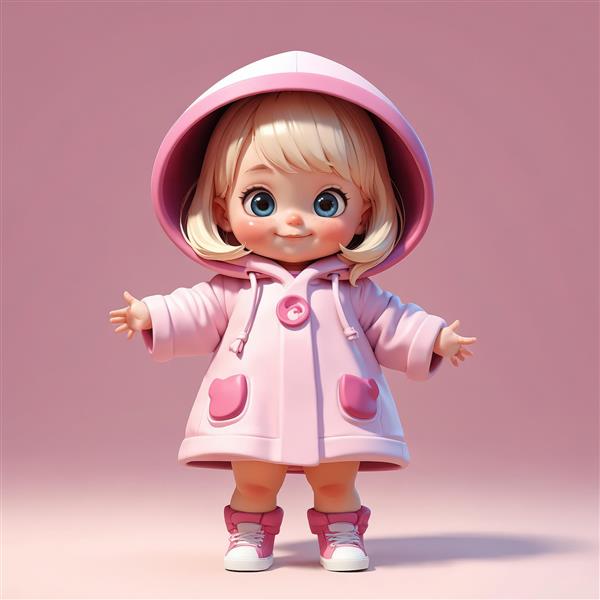 تصویر باکیفیت عروسک دختر کوچک با بارانی صورتی و جیب‌های قلبی در پس‌زمینه ساده