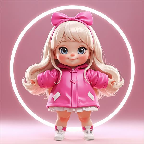 عروسک دخترانه کیوت با پاپیون بزرگ صورتی و کاپشن چرمی در میان نور حلقه‌ای نئون