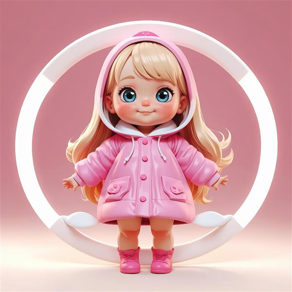 عکس دختر خندان با بارانی صورتی و کلاه هودی در پس زمینه دایره نئونی