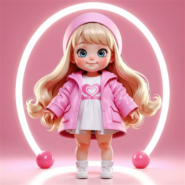 تصویر اورجینال دختر بلوند با لباس زمستانی صورتی، قلب و حلقه نوری نئون