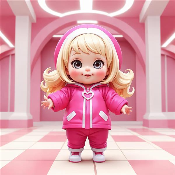 تصویر دختر بلوند با ژاکت صورتی قلب‌دار در لابی یا محیط داخلی با طراحی آرک