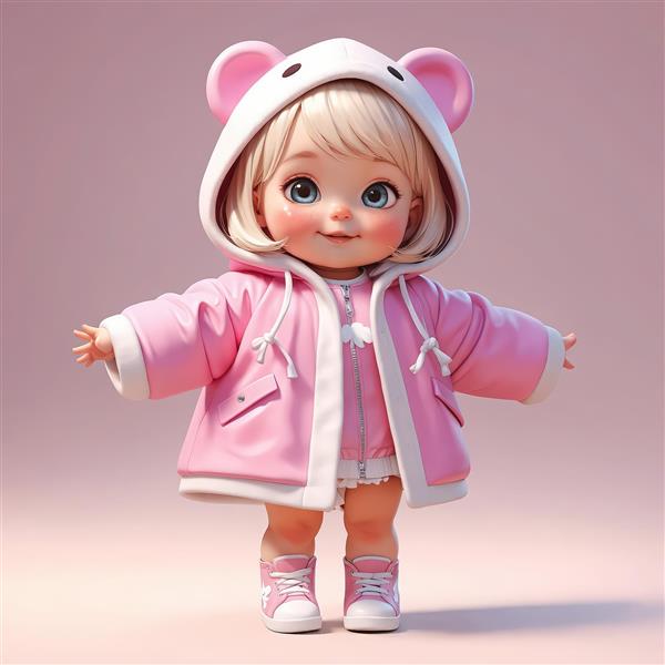 عروسک کارتونی دخترانه با کلاه خرسی و کاپشن دولایه صورتی در پس‌زمینه تک رنگ ملایم