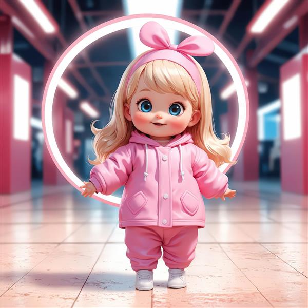 عکس عروسک دختر با هدبند پاپیونی و لباس صورتی ست در ایستگاه یا فضای داخلی مدرن