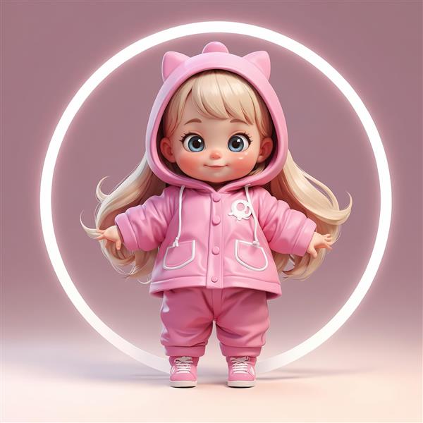 تصویر باکیفیت عروسک دختر کودک با کلاه گربه‌ای (یا خرسی) صورتی و پس‌زمینه دایره نئونی