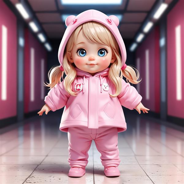 عروسک دخترانه بامزه با لباس صورتی ست و هودی خرسی در راهروی مدرن با نورپردازی