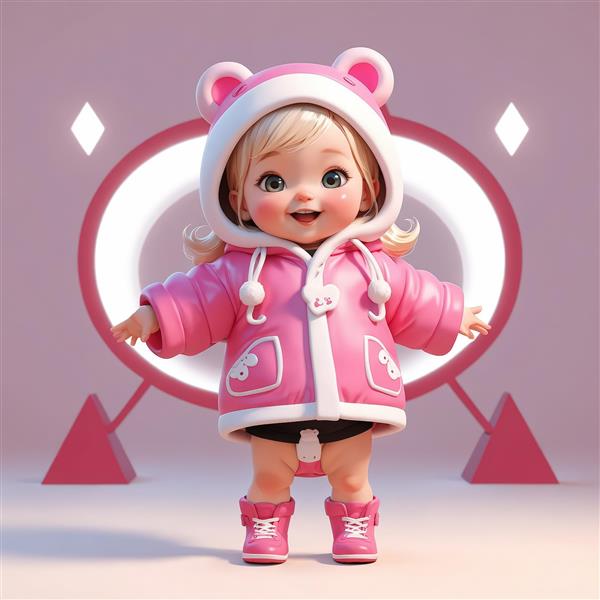 عکس استوک عروسک دختر خندان با کلاه خرسی صورتی و کاپشن پفکی در فضای آتلیه‌ای