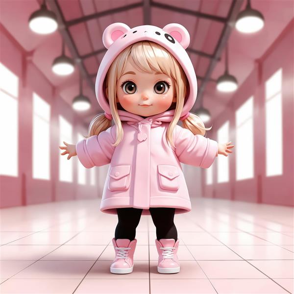 تصویر اورجینال عروسک دختر کوچک با هودی خرسی و کاپشن صورتی در سالن ورزشی