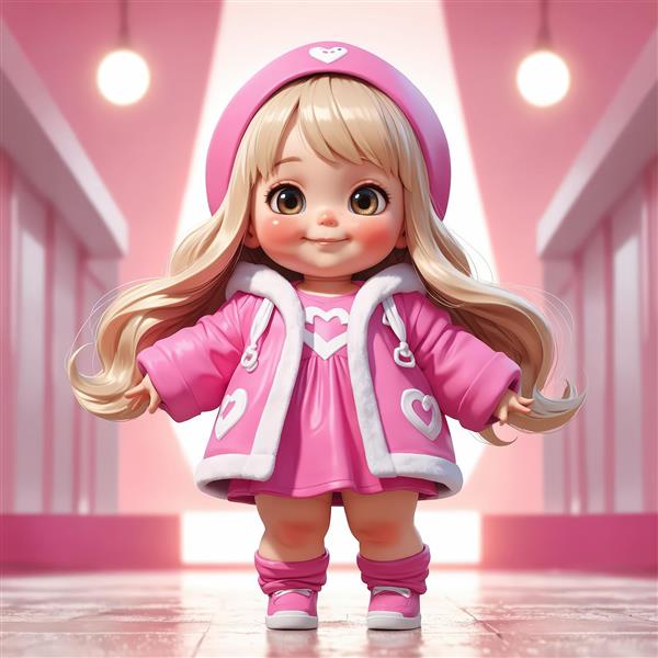 عروسک فانتزی دختر زیبا با استایل زمستانی صورتی و قلب در فضای داخلی لوکس