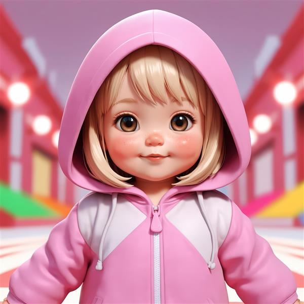 تصویر کلوزآپ عروسک دختر کوچک و بامزه با هودی صورتی و پس‌زمینه کارتونی رنگارنگ