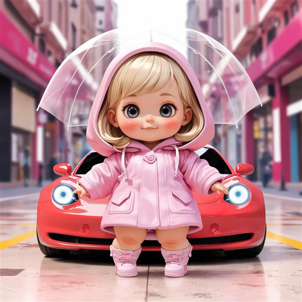 عروسک دخترانه کیوت در حال قدم زدن با چتر در خیابان و ماشین اسپرت قرمز