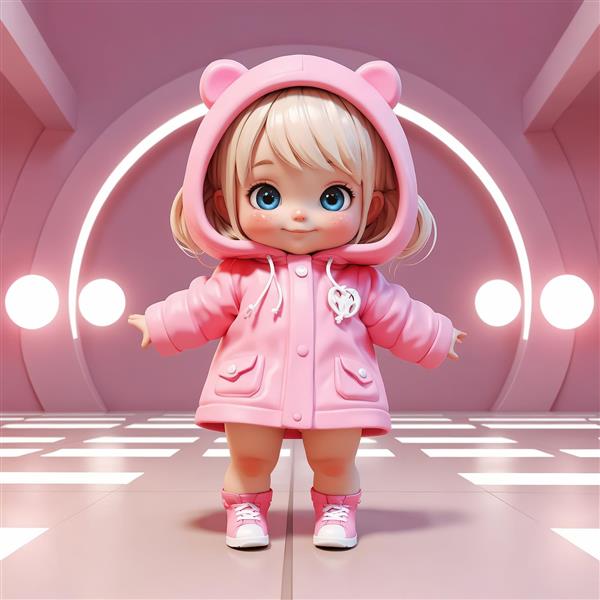 عروسک کودکانه کیوت با هودی کلاهدار صورتی و پالتوی زمستانی در محیط تونل سه بعدی
