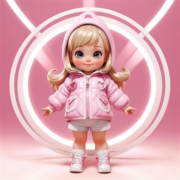 عکس استودیوئی عروسک دخترانه شاد با کاپشن پفکی صورتی در پس‌زمینه نوری گرد