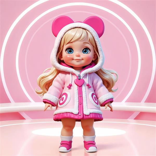 تصویر اورجینال عروسک دختر کوچک و جذاب با کلاه میکی‌ماوسی و کاپشن قلب‌دار صورتی