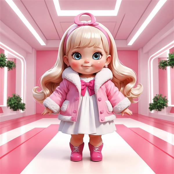 عکس عروسک دخترانه زیبا با موهای بلوند و لباس زمستانی شیک در فضای راهروی صورتی