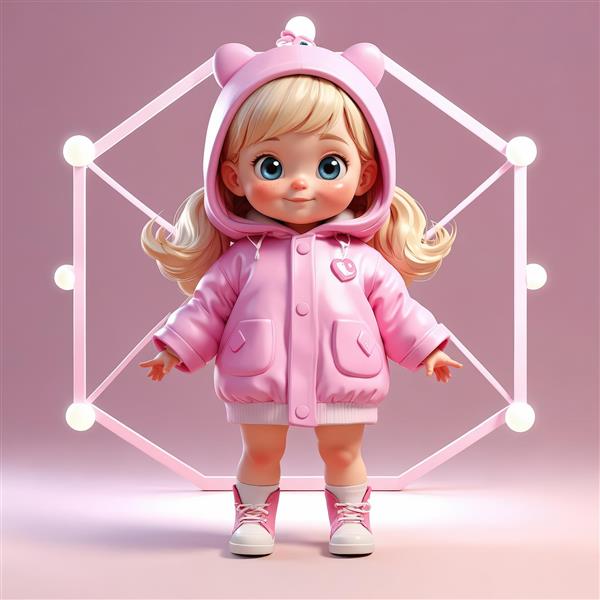 تصویر استوک باکیفیت عروسک دختر بامزه با کاپشن صورتی در پس زمینه هندسی نئونی