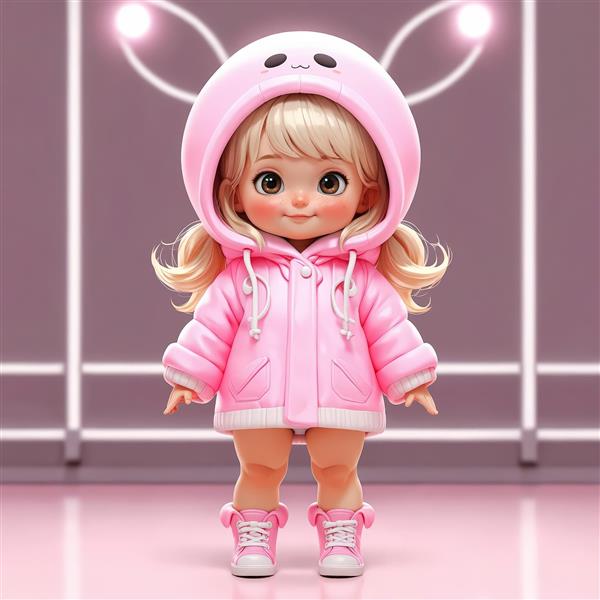 عروسک کارتونی بامزه دخترانه با کلاه خرگوشی صورتی و استایل زمستانی کیوت