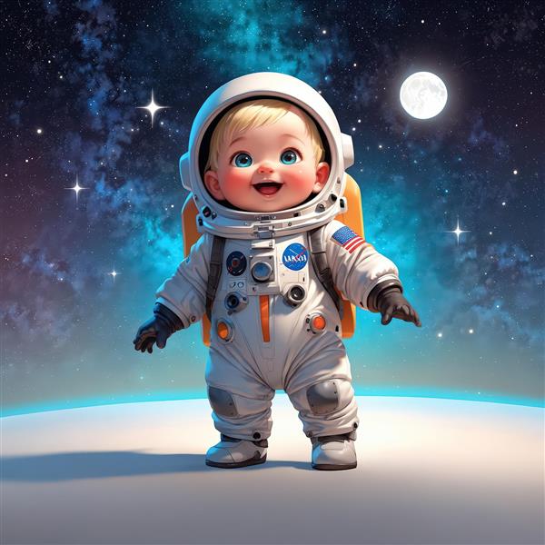 عکس استوک کودک فضانورد شاد روی زمین با کره زمین در پس‌زمینه، کلاه آبی، مناسب چاپ عریض
