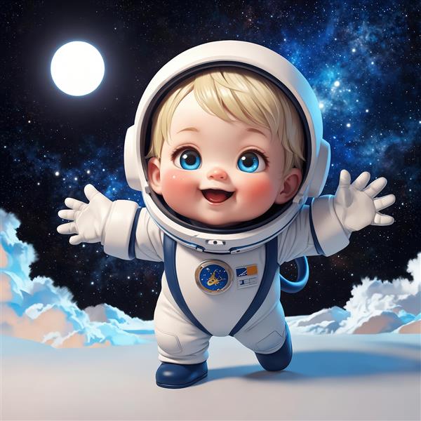 تصویر اورجینال کودک فضانورد بلوند در فضا با ماه و سیارات، طرح با کیفیت بالا برای چاپ تابلو