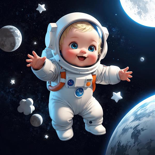 تصویر کودک فضانورد خندان با کلاه آبی و ستاره‌های درخشان، طرح اورجینال برای پوستر دیواریتصویر کودک فضانورد خندان با کلاه آبی و ستاره‌های درخشان، طرح اورجینال برای پوستر دیواری