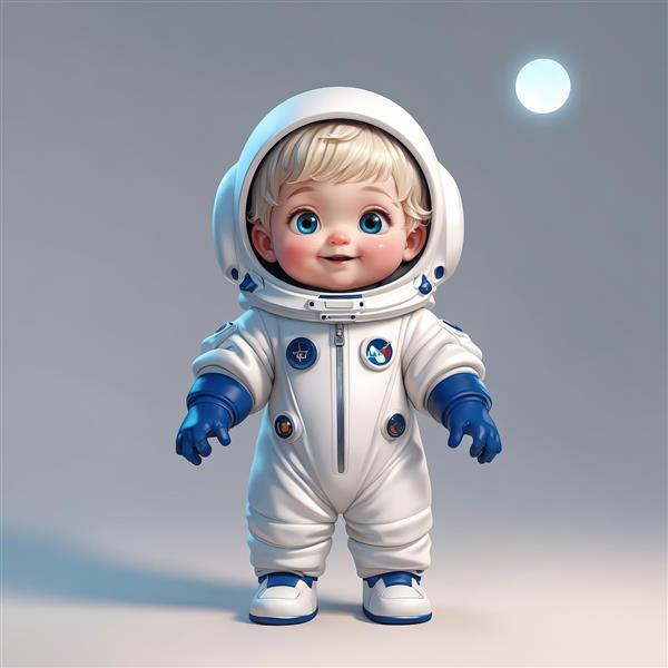 عکس باکیفیت کودک فضانورد بلوند با لباس سفید و جزئیات آبی، پس‌زمینه ساده برای چاپ عریض