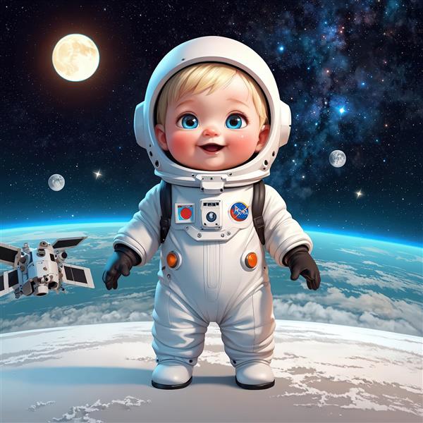 تصویر کودک فضانورد بلوند شاد روی کره زمین با ماه کامل و ماهواره، فایل استوک با کیفیت فوق‌العاده