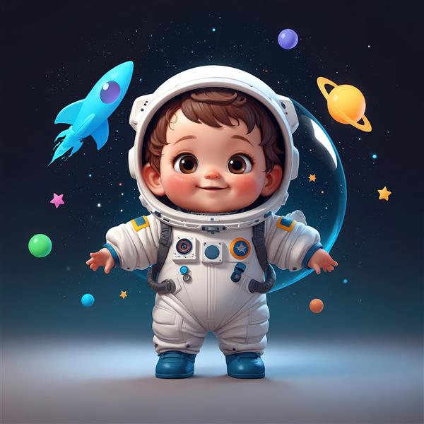 عکس کودک فضانورد با موشک آبی، سیاره زحل و حباب در فضای کهکشانی، طرح اورجینال برای چاپ