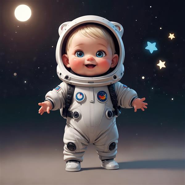 طرح گرافیکی کودک فضانورد بلوند با کلاه خرسی و ماه در آسمان شب، مناسب چاپ پوستر باکیفیت