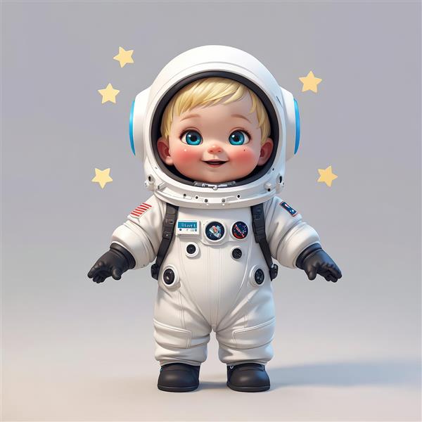 کودک فضانورد بلوند خندان با کلاه ایمنی و پرچم آمریکا، پس‌زمینه ساده برای سئو و فروش بالا