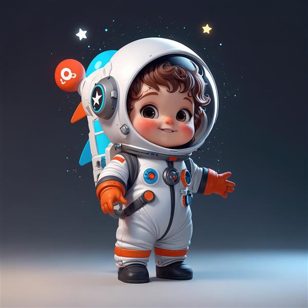 تصویر کودک فضانورد بامزه با کوله‌پشتی موشکی و لباس نارنجی، کیفیت بالا برای محصولات دکوراتیو