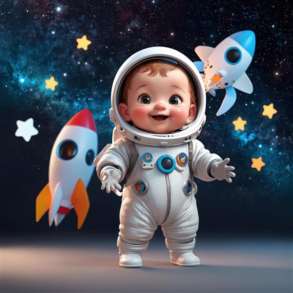 عکس استوک کودک فضانورد با دو موشک در حال پرواز و پس‌زمینه کهکشانی، مناسب چاپ عریض بوم
