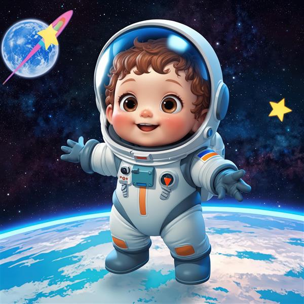 کودک فضانورد خندان با پس‌زمینه کره زمین و موشک شهاب‌سنگی، طرح پریمیوم برای چاپ روی تابلو