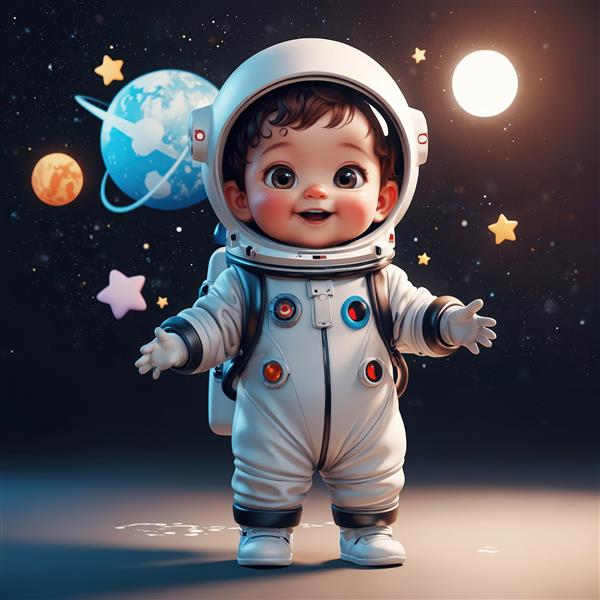 طرح گرافیکی کودک فضانورد خندان با سیاره‌ها و ماه کامل، تصویر کهکشانی برای دکوراسیون فضایی