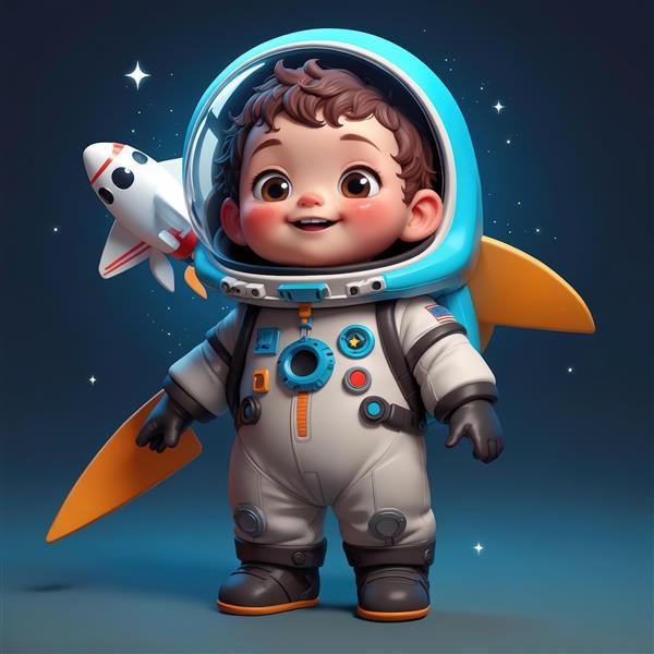 تصویر اورجینال کودک فضانورد بامزه با موشک کوله‌پشتی زرد، کلاه آبی، کیفیت عالی برای چاپ عریض
