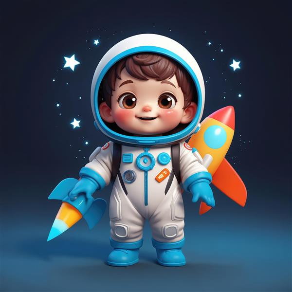 عکس باکیفیت کودک فضانورد شاد با موشک اسباب‌بازی در دست و پشت، مناسب پوستر دکوراتیو اتاق کودک