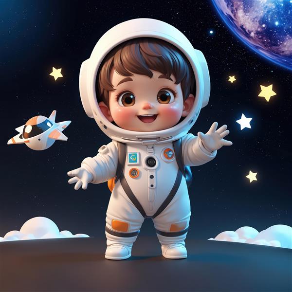 کودک فضانورد شاد با سفینه فضایی کوچک و زمین در پس‌زمینه، عکس باکیفیت برای چاپ‌های عریض