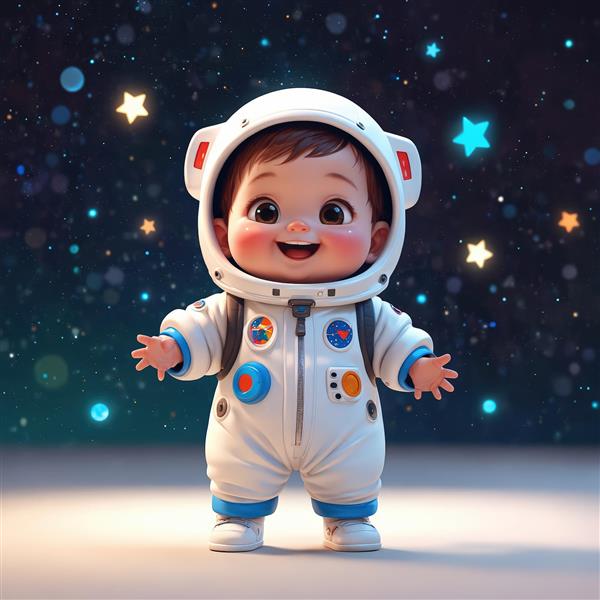 طرح اورجینال کودک فضانورد با ستاره‌های آبی و زرد در کهکشان، تصویر پرانرژی برای دکور اتاق کودک