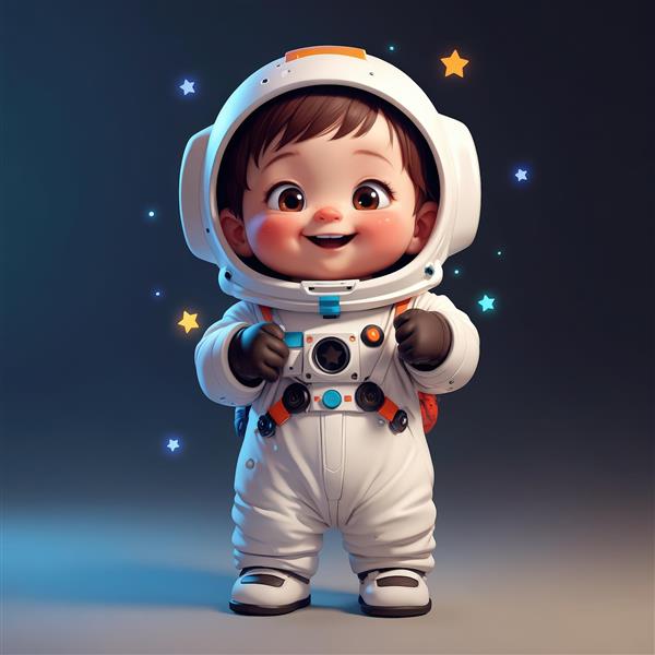 عکس کودک فضانورد خندان با جزئیات نارنجی در لباس، ستاره‌های کوچک درخشان، طرح مینیمال جذاب