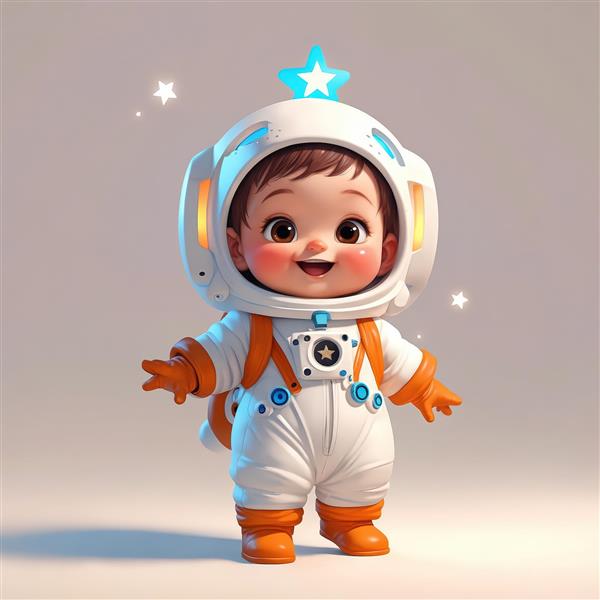 تصویر کودک فضانورد با المان ستاره روی کلاه و جزئیات نارنجی، مناسب چاپ پوستر باکیفیت بالا
