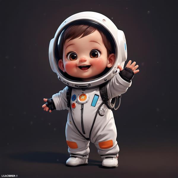 کودک فضانورد شاد با دستکش مشکی و نارنجی، لباس سفید، طرح حرفه‌ای برای دکوراسیون فضایی مدرن