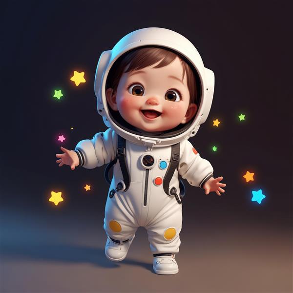 تصویر کودک فضانورد شاد در حال حرکت با ستاره‌های رنگارنگ نئونی، مناسب چاپ روی بوم و محصولات هنری