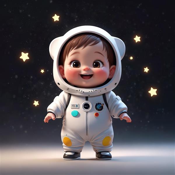 طرح گرافیکی کودک فضانورد بامزه با کلاه خرسی و ستاره‌های زرد درخشان، کیفیت بالا برای دکور اتاق کودک