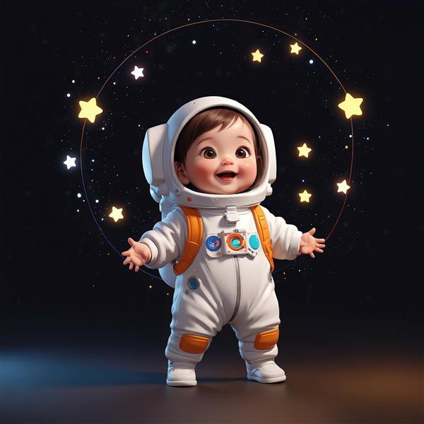 تصویر اورجینال کودک فضانورد شاد با حلقه ستاره‌های درخشان، طرح پریمیوم برای دکوراتیو و پوستر
