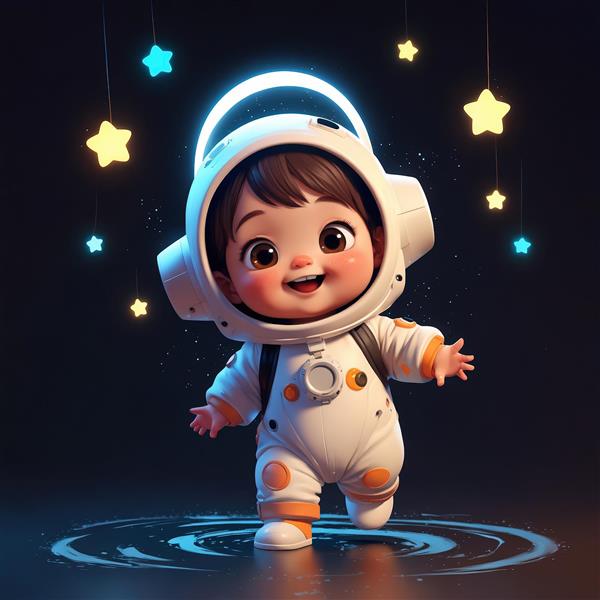 کودک فضانورد خندان با هاله نور و ستاره‌های آویز نئونی، تصویر پریمیوم برای دکوراتیو مدرن